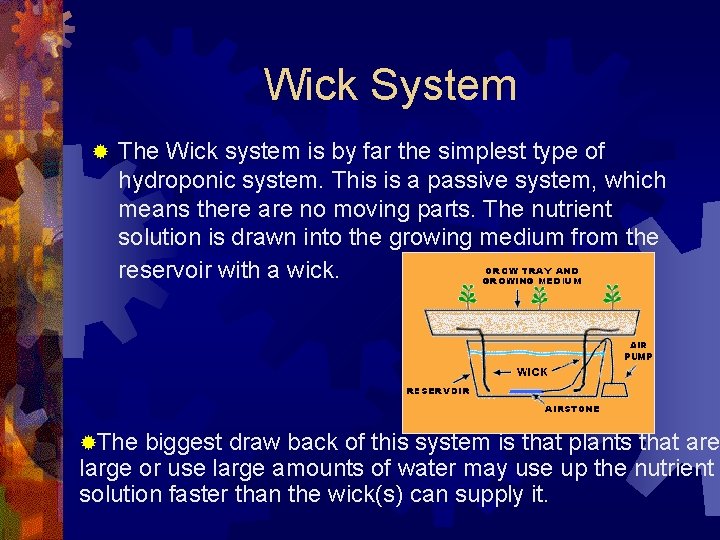 Wick System ® The Wick system is by far the simplest type of hydroponic