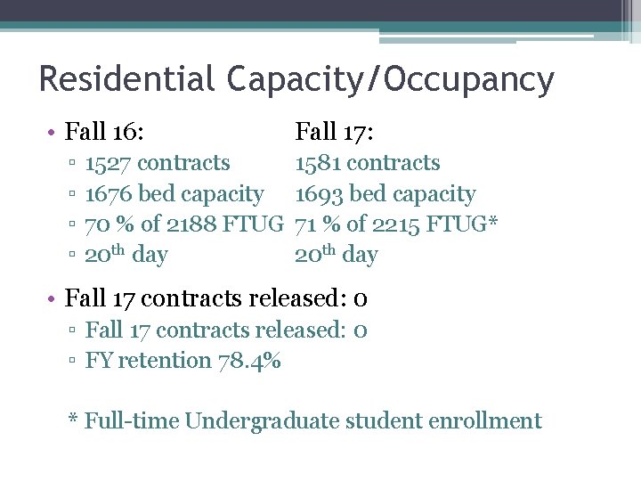 Residential Capacity/Occupancy • Fall 16: ▫ ▫ 1527 contracts 1676 bed capacity 70 %