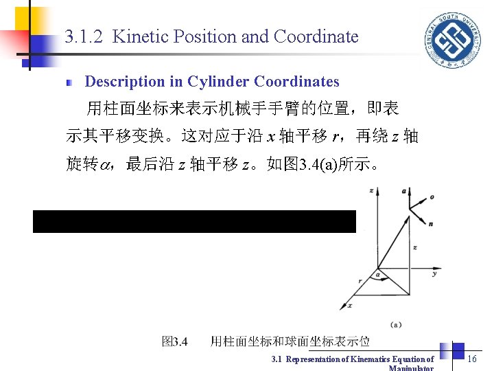 3. 1. 2 Kinetic Position and Coordinate Description in Cylinder Coordinates 用柱面坐标来表示机械手手臂的位置，即表 示其平移变换。这对应于沿 x