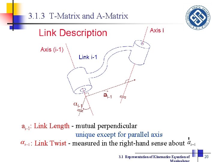 3. 1. 3 T-Matrix and A-Matrix ai-1: Link Length - mutual perpendicular unique except