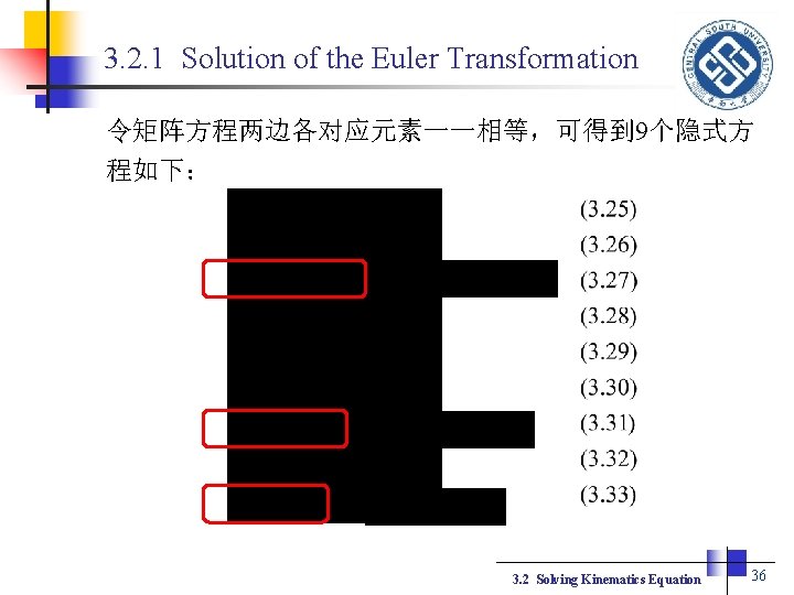 3. 2. 1 Solution of the Euler Transformation 令矩阵方程两边各对应元素一一相等，可得到 9个隐式方 程如下： 3. 2 Solving