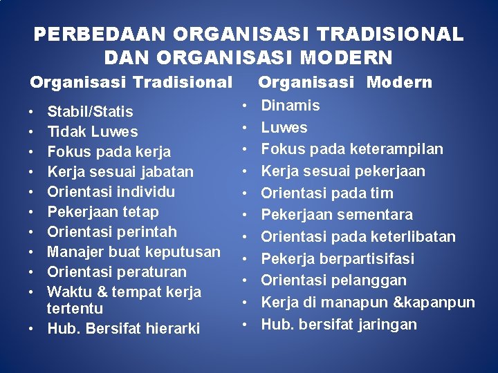 PERBEDAAN ORGANISASI TRADISIONAL DAN ORGANISASI MODERN Organisasi Tradisional • • • Stabil/Statis Tidak Luwes