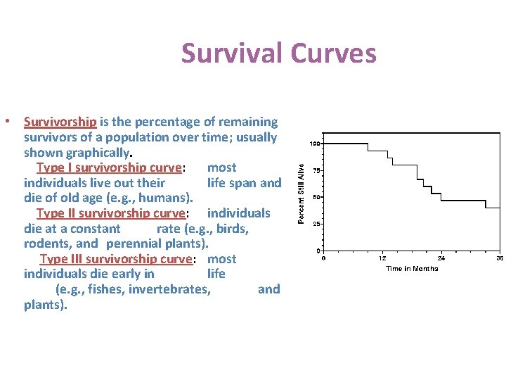 Survival Curves • Survivorship is the percentage of remaining survivors of a population over