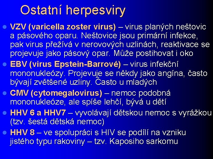 Ostatní herpesviry l l l VZV (varicella zoster virus) – virus planých neštovic a