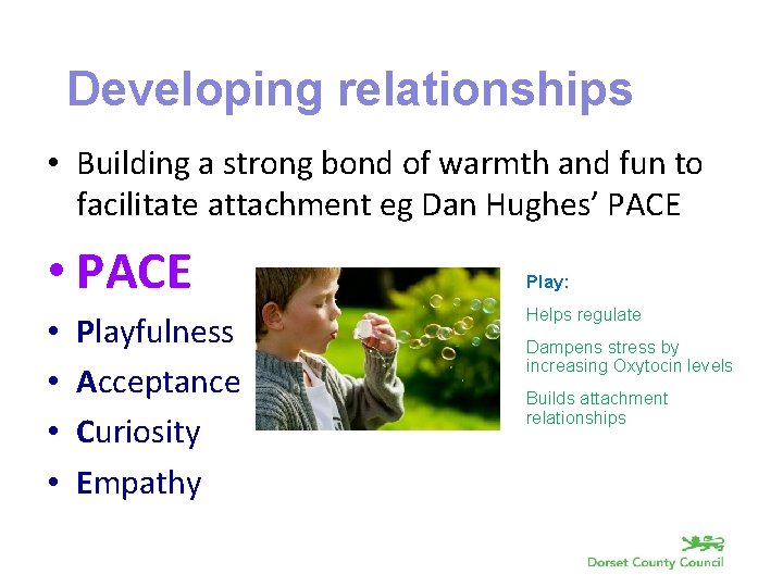 Developing relationships • Building a strong bond of warmth and fun to facilitate attachment
