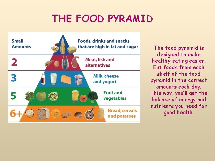 THE FOOD PYRAMID The food pyramid is designed to make healthy eating easier. Eat