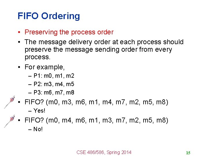 FIFO Ordering • Preserving the process order • The message delivery order at each