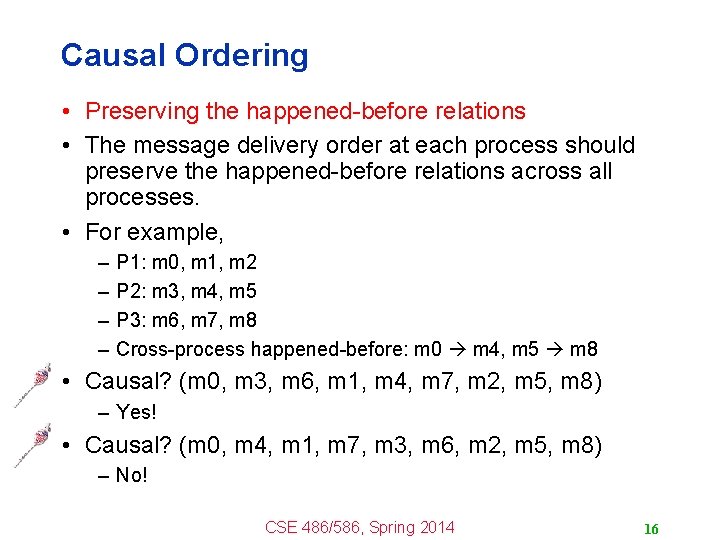 Causal Ordering • Preserving the happened-before relations • The message delivery order at each