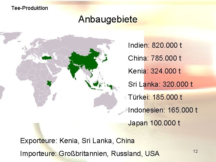 Tee-Produktion Anbaugebiete Indien: 820. 000 t China: 785. 000 t Kenia: 324. 000 t