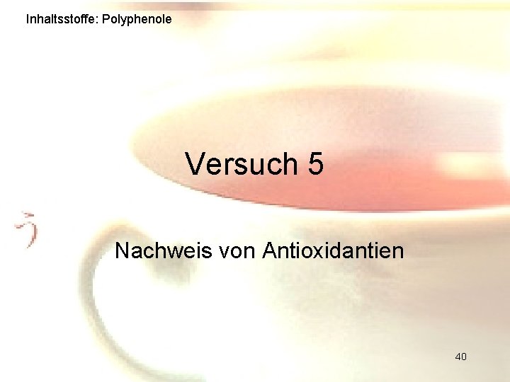 Inhaltsstoffe: Polyphenole Versuch 5 Nachweis von Antioxidantien 40 