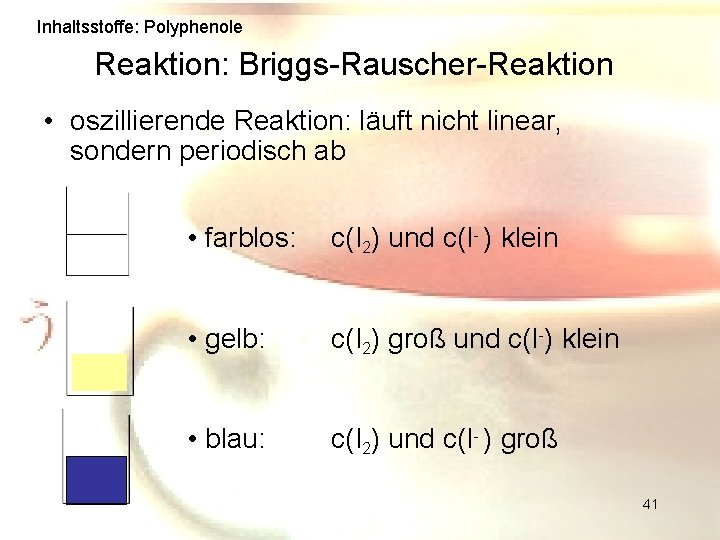 Inhaltsstoffe: Polyphenole Reaktion: Briggs-Rauscher-Reaktion • oszillierende Reaktion: läuft nicht linear, sondern periodisch ab •