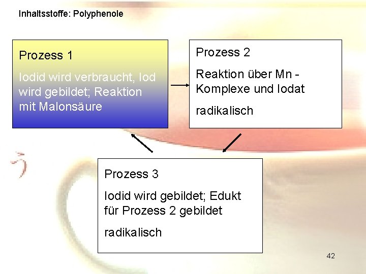 Inhaltsstoffe: Polyphenole Prozess 1 Prozess 2 Iodid wird verbraucht, Iod wird gebildet; Reaktion mit