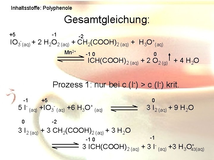 Inhaltsstoffe: Polyphenole Gesamtgleichung: +5 -1 -2 IO 3 (aq) + 2 H 2 O