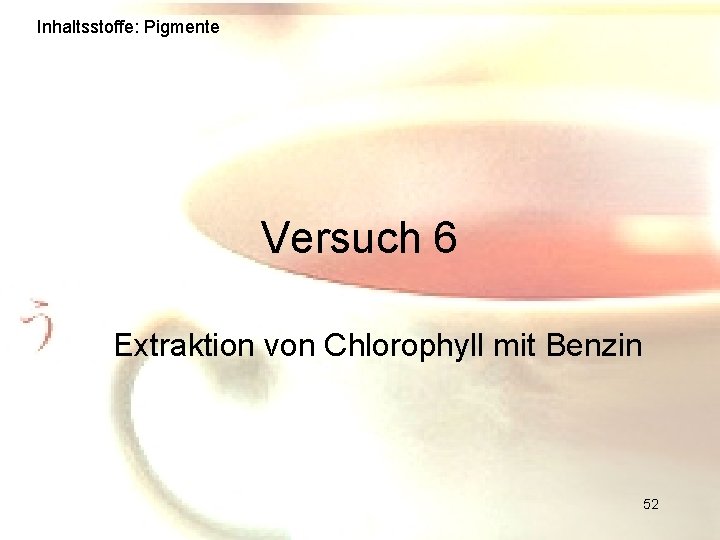 Inhaltsstoffe: Pigmente Versuch 6 Extraktion von Chlorophyll mit Benzin 52 