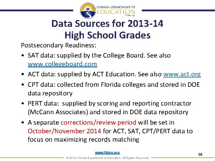 Data Sources for 2013 -14 High School Grades Postsecondary Readiness: • SAT data: supplied