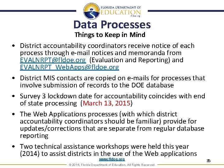 Data Processes • • • Things to Keep in Mind District accountability coordinators receive