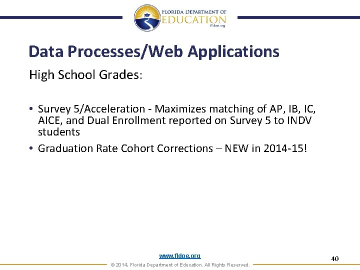 Data Processes/Web Applications High School Grades: • Survey 5/Acceleration - Maximizes matching of AP,