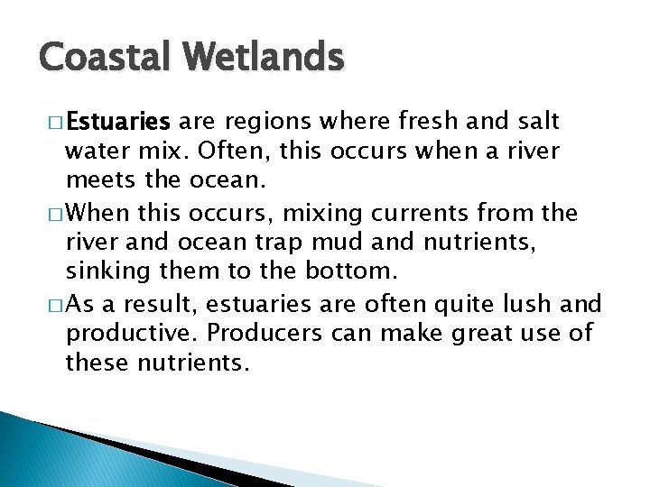 Coastal Wetlands � Estuaries are regions where fresh and salt water mix. Often, this