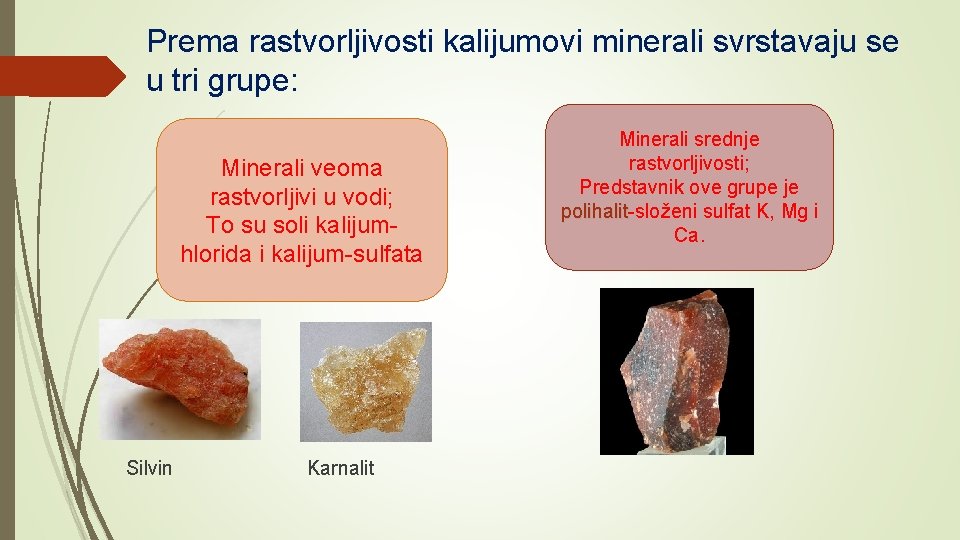 Prema rastvorljivosti kalijumovi minerali svrstavaju se u tri grupe: Minerali veoma rastvorljivi u vodi;