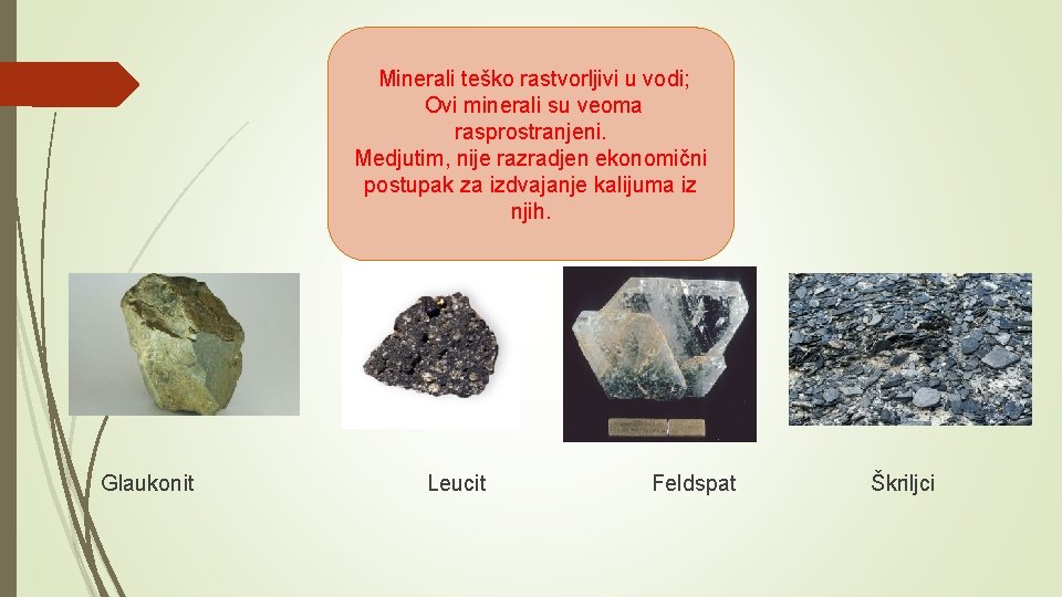 Minerali teško rastvorljivi u vodi; Ovi minerali su veoma rasprostranjeni. Medjutim, nije razradjen ekonomični