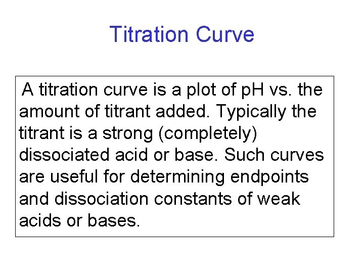 Titration Curve A titration curve is a plot of p. H vs. the amount