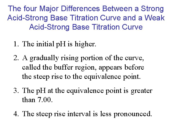 The four Major Differences Between a Strong Acid-Strong Base Titration Curve and a Weak