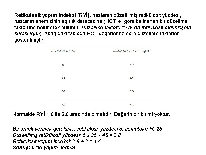 Retikülosit yapım indeksi (RYİ), hastanın düzeltilmiş retikülosit yüzdesi, hastanın anemisinin ağırlık derecesine (HCT' e)
