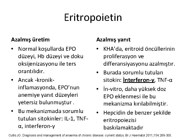 Eritropoietin Azalmış üretim Azalmış yanıt • Normal koşullarda EPO düzeyi, Hb düzeyi ve doku