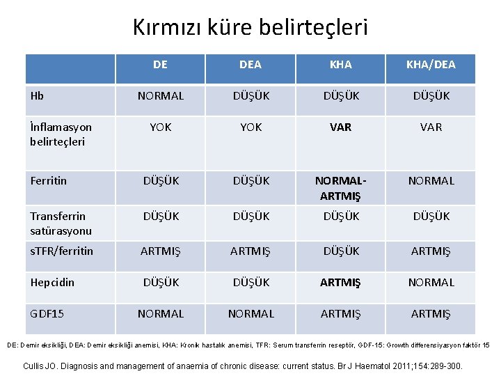 Kırmızı küre belirteçleri DE DEA KHA/DEA NORMAL DÜŞÜK YOK VAR Ferritin DÜŞÜK NORMALARTMIŞ NORMAL