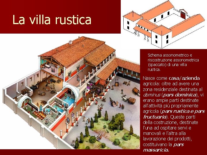 La villa rustica Schema assonometrico e riscostruzione assonometrica (spaccato) di una villa rustica. Nasce