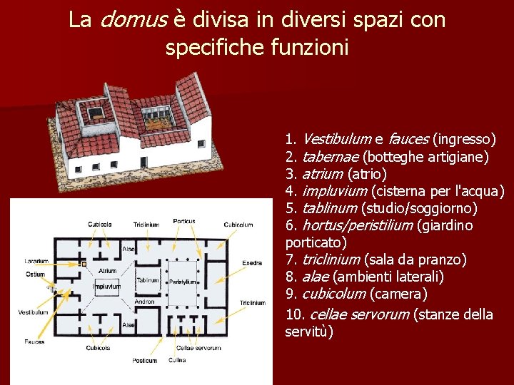 La domus è divisa in diversi spazi con specifiche funzioni 1. Vestibulum e fauces