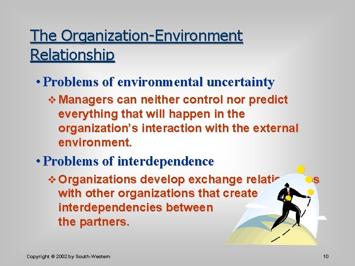 The Organization-Environment Relationship • Problems of environmental uncertainty v Managers can neither control nor