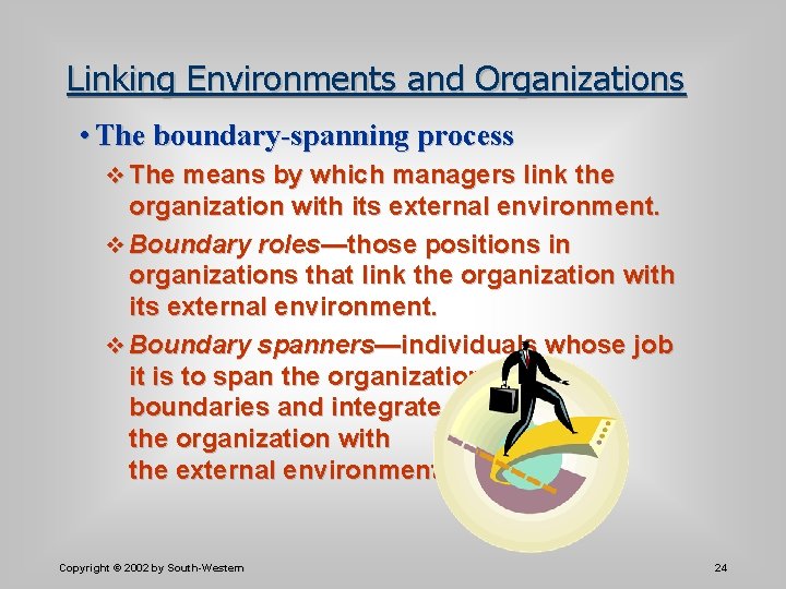Linking Environments and Organizations • The boundary-spanning process v The means by which managers