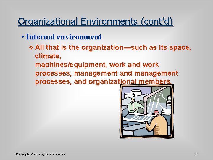 Organizational Environments (cont’d) • Internal environment v All that is the organization—such as its