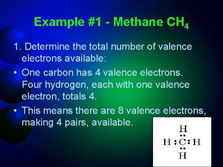 Example #1 - Methane CH 4 1. Determine the total number of valence electrons