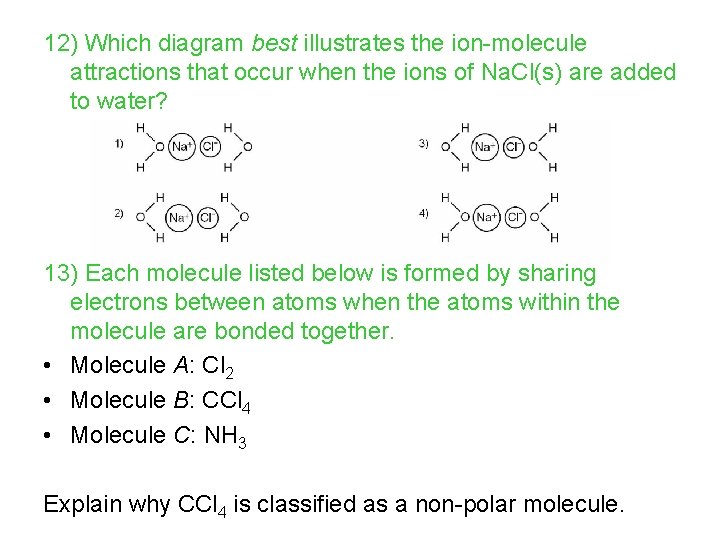 12) Which diagram best illustrates the ion-molecule attractions that occur when the ions of