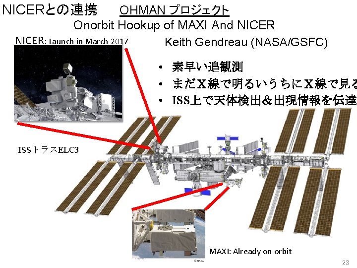 NICERとの連携 OHMAN プロジェクト Onorbit Hookup of MAXI And NICER: Launch in March 2017 Keith