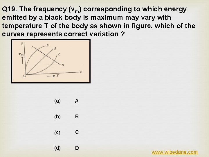 Q 19. The frequency (vm) corresponding to which energy emitted by a black body