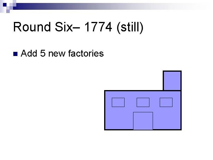 Round Six– 1774 (still) n Add 5 new factories 