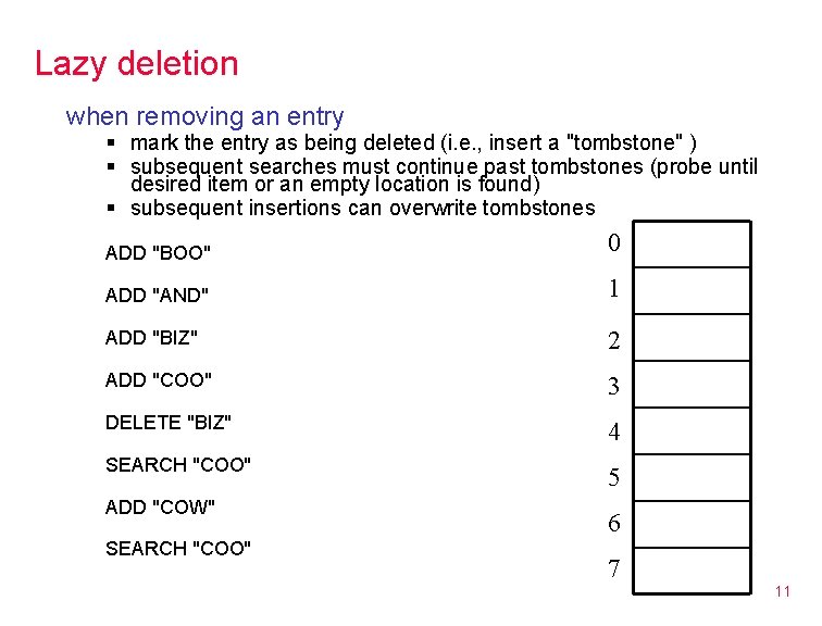 Lazy deletion when removing an entry § mark the entry as being deleted (i.