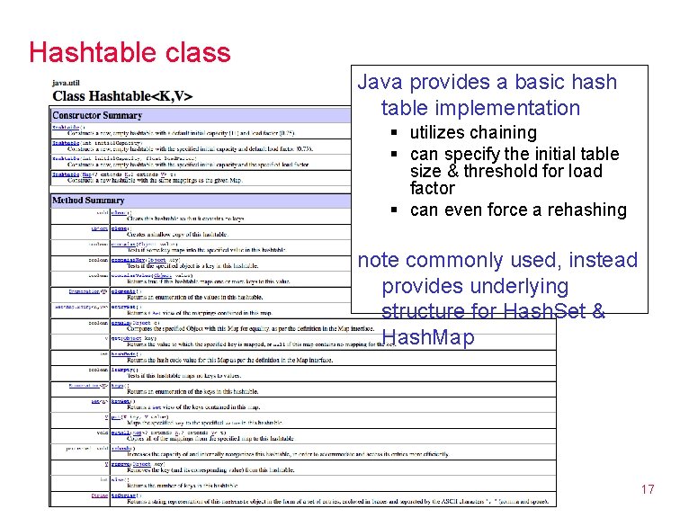 Hashtable class Java provides a basic hash table implementation § utilizes chaining § can
