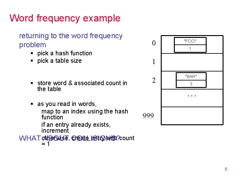 Word frequency example returning to the word frequency problem § pick a hash function Word frequency example returning to the word frequency problem § pick a hash function