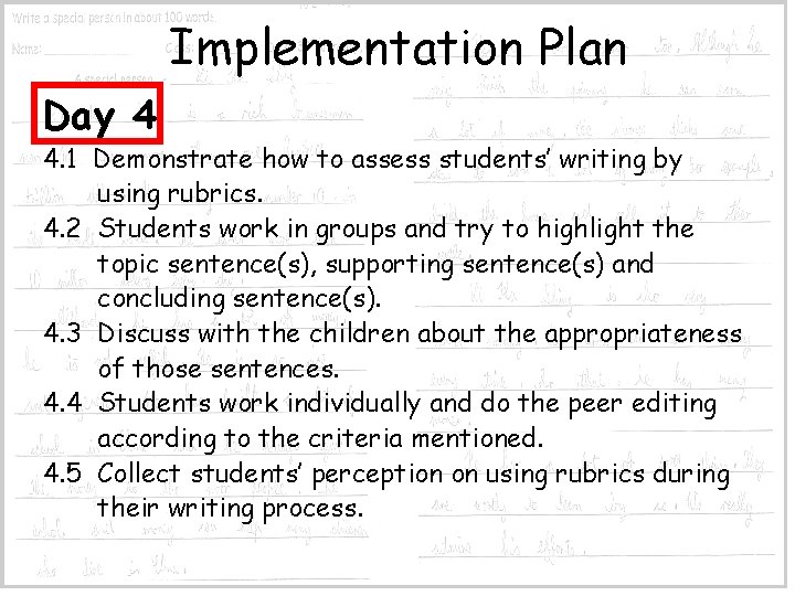Implementation Plan Day 4 4. 1 Demonstrate how to assess students’ writing by using