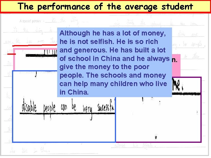 The performance of the average student Although he has a lot of money, he