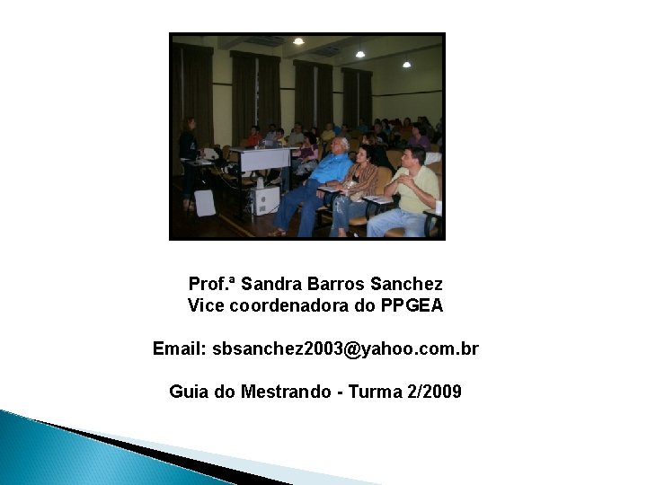 Prof. ª Sandra Barros Sanchez Vice coordenadora do PPGEA Email: sbsanchez 2003@yahoo. com. br