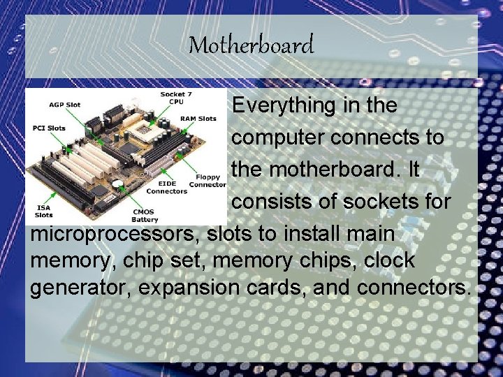 Motherboard Everything in the computer connects to the motherboard. It consists of sockets for