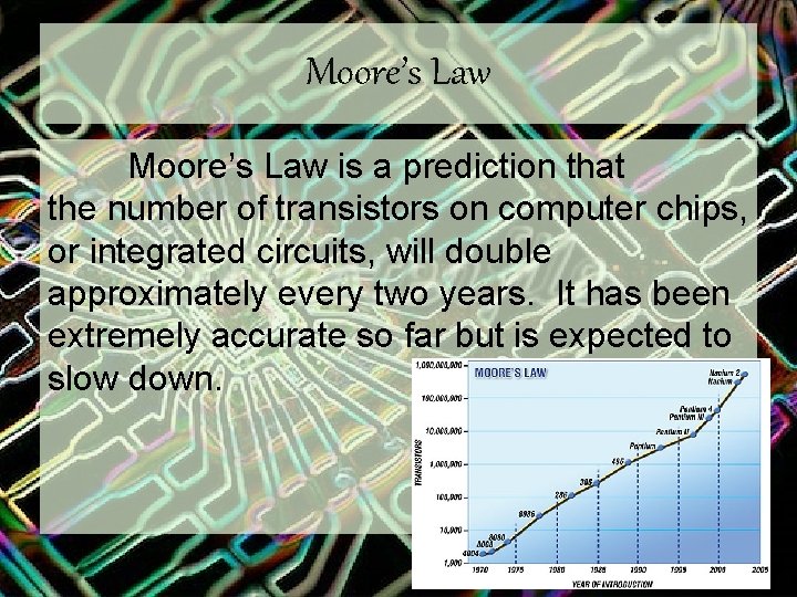 Moore’s Law is a prediction that the number of transistors on computer chips, or