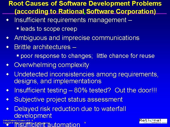 Root Causes of Software Development Problems (according to Rational Software Corporation) w Insufficient requirements