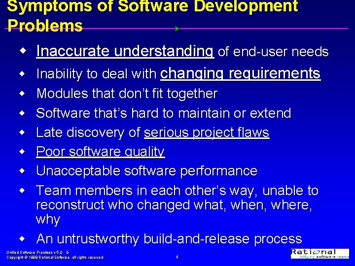 Symptoms of Software Development Problems w Inaccurate understanding of end-user needs Inability to deal