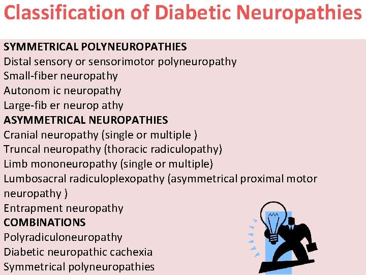 Classification of Diabetic Neuropathies SYMMETRICAL POLYNEUROPATHIES Distal sensory or sensorimotor polyneuropathy Small-fiber neuropathy Autonom